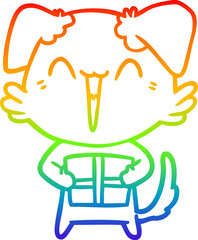 rainbow gradient line drawing of a happy little cartoon dog with present