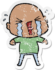 distressed sticker of a cartoon crying bald man
