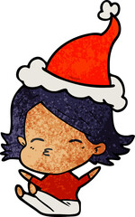 hand drawn textured cartoon of a woman sitting wearing santa hat