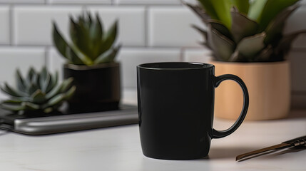 Black cup placed on the white counter, decorated plant pots in the background, Generative AI
