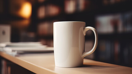 Fototapeta premium Ceramic white mug mockup with the creamy bokeh in the background, Generative AI