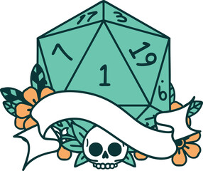 Retro Tattoo Style natural one d20 dice roll