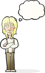 cartoon long mustache man with folded arms with thought bubble