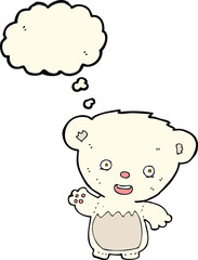 cartoon polar bear cub waving with thought bubble