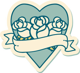sticker of tattoo in traditional style of a heart and banner with flowers
