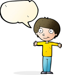 cartoon happy boy with open arms with speech bubble