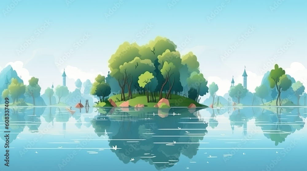 Poster background island in the middle of the lake. an exciting web banner that combines the charm of an is