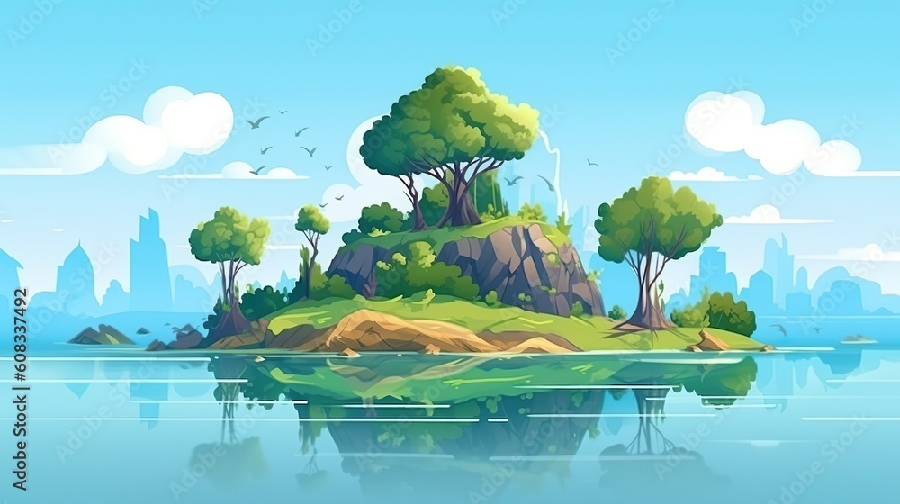 Poster background island in the middle of the lake. demonstrating the essence of tranquility with a banner 