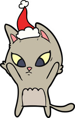 confused hand drawn line drawing of a cat wearing santa hat