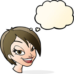 cartoon pretty female face with thought bubble