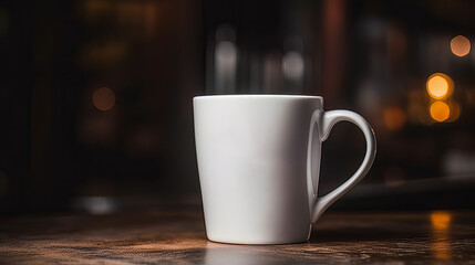 White coffee mug mockup placed on the wooden table, bokeh in the background, Generative AI