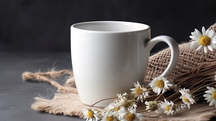 Obraz na płótnie Canvas White coffee cup mockup, flowers and rough cloth placed with the cup, dark grey background, Generative AI