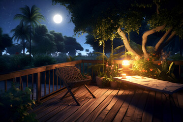 Fototapeta na wymiar Warm moonlit summer night on terrace. Fabulous vacation. Generative AI, illustration