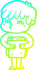 cold gradient line drawing of a cartoon curious man