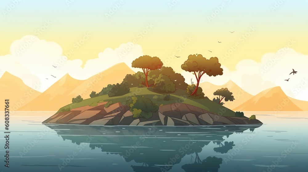 Poster background island in the middle of the lake. presentation of a banner with a fascinating image of an