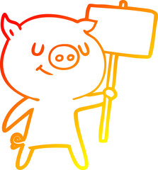 warm gradient line drawing of a happy cartoon pig with placard