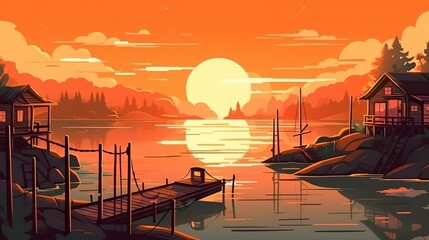 Background sunset on an Island in the middle of the lake. A breathtaking banner that showcases a peaceful sunset in the middle of a picturesque lake. Generative AI.