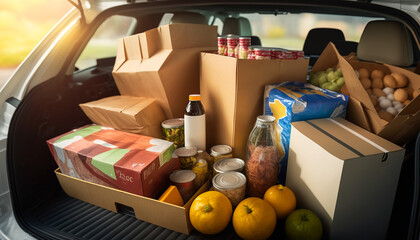 Stock Up and Save: Groceries Packed in the Car Trunk for Home Delivery - ai generated Generative AI