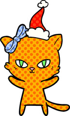 cute hand drawn comic book style illustration of a cat wearing santa hat