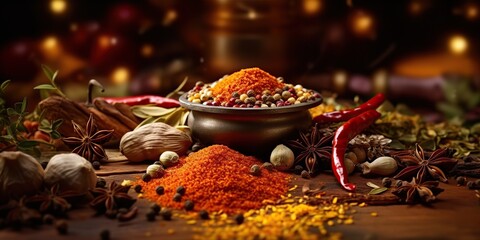 AI Generated. AI Generative. Set of different indian spices for meny food tasty. Graphic Art - obrazy, fototapety, plakaty