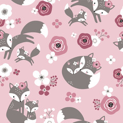 Seamless vector pattern with cute hand drawn fox family and flowers. Perfect for textile, wallpaper or print design.