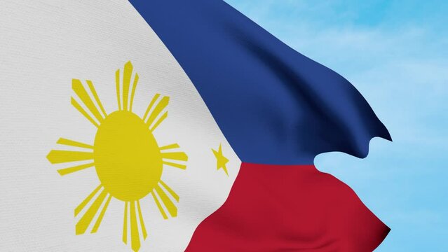 Philippines Flag Waving In Blue Sky - Powered by Adobe