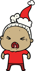 hand drawn line drawing of a angry old woman wearing santa hat