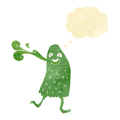 cartoon funny slime monster with thought bubble