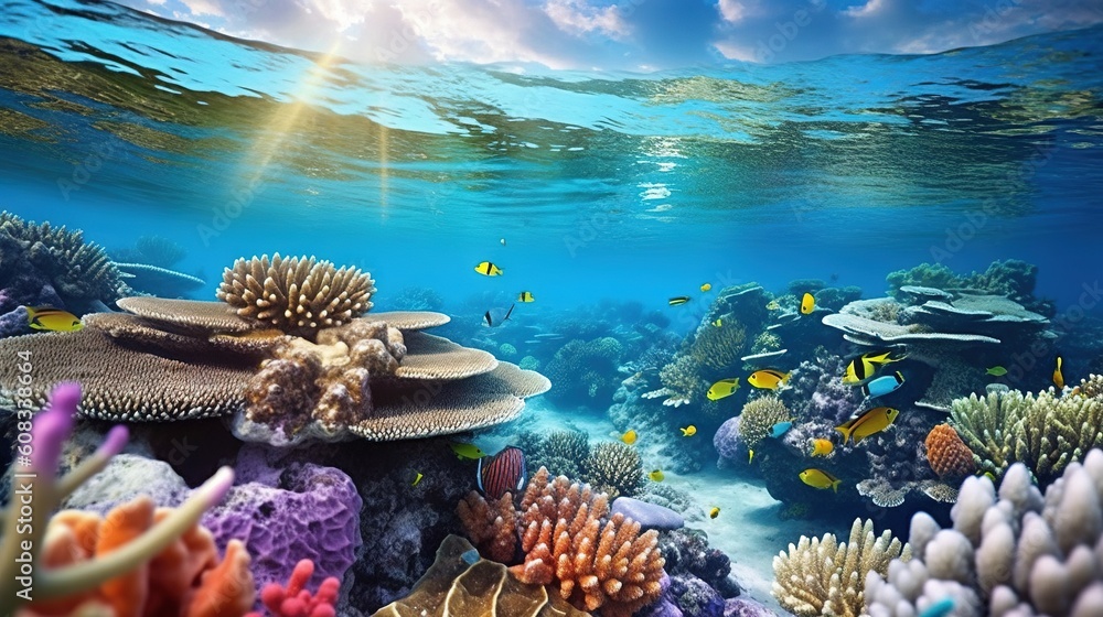 Poster an underwater view of a coral reef with many different types of corals. generative ai