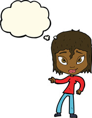 cartoon relaxed woman pointing with thought bubble