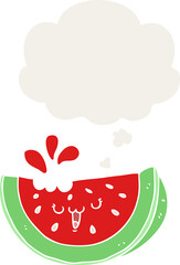 cartoon watermelon with thought bubble in retro style