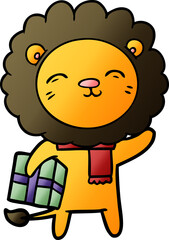 cartoon lion with christmas present