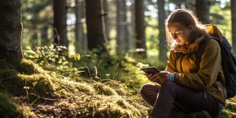 A smiling young woman relaxing with backpack looking at smart phone for navigation while hiking, Woman carrying travel bags walking through a forest, generative ai