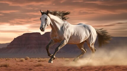Fototapeta na wymiar a white horse galloping through a desert landscape at sunset. generative ai