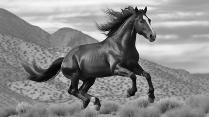 Obraz na płótnie Canvas a black and white photo of a horse running in the desert. generative ai