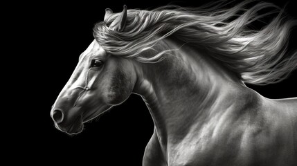 Fototapeta na wymiar a black and white photo of a horse with long hair. generative ai