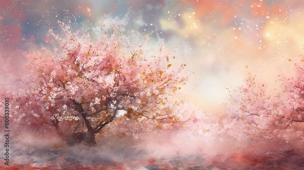 Poster a painting of a tree with pink flowers in the middle of a field, surrounded by a vibrant array of co