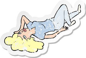 retro distressed sticker of a cartoon woman lying on floor