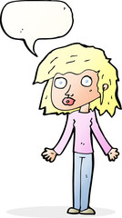 cartoon girl shrugging shoulders with speech bubble