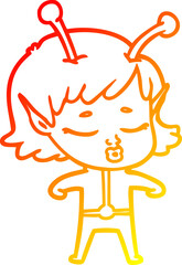 warm gradient line drawing of a cartoon alien girl