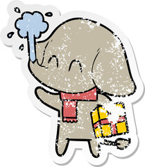 distressed sticker of a cute cartoon elephant spouting water