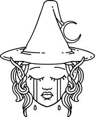 Black and White Tattoo linework Style crying elf mage character face