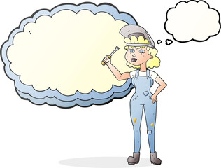 freehand drawn thought bubble cartoon female mechanic