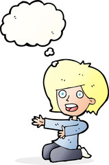 cartoon shocked woman on knees with thought bubble