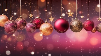Viele schöne Weihnachtskugel in Reihe dekoriert als Postkarte und Hintergrund, ai generativ