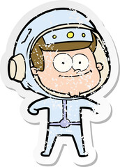 distressed sticker of a happy astronaut cartoon