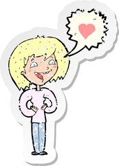 retro distressed sticker of a cartoon woman in love