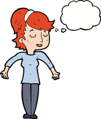 cartoon friendly woman shrugging shoulders with thought bubble