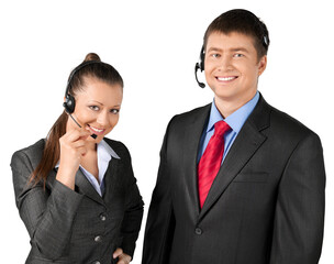Portrait of a Female and Male Phone Operator in Headset