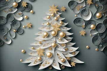 Paper art of luxurious Christmas tree layered background adorned with gold and silver ornaments, creating an elegant and sophisticated holiday ambiance. Generative AI